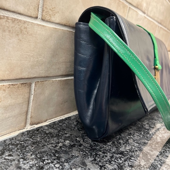 Vintage Allison Bag Genuine Leather Shoulder Strap Bag  Navy And Green - Picture 3 of 9